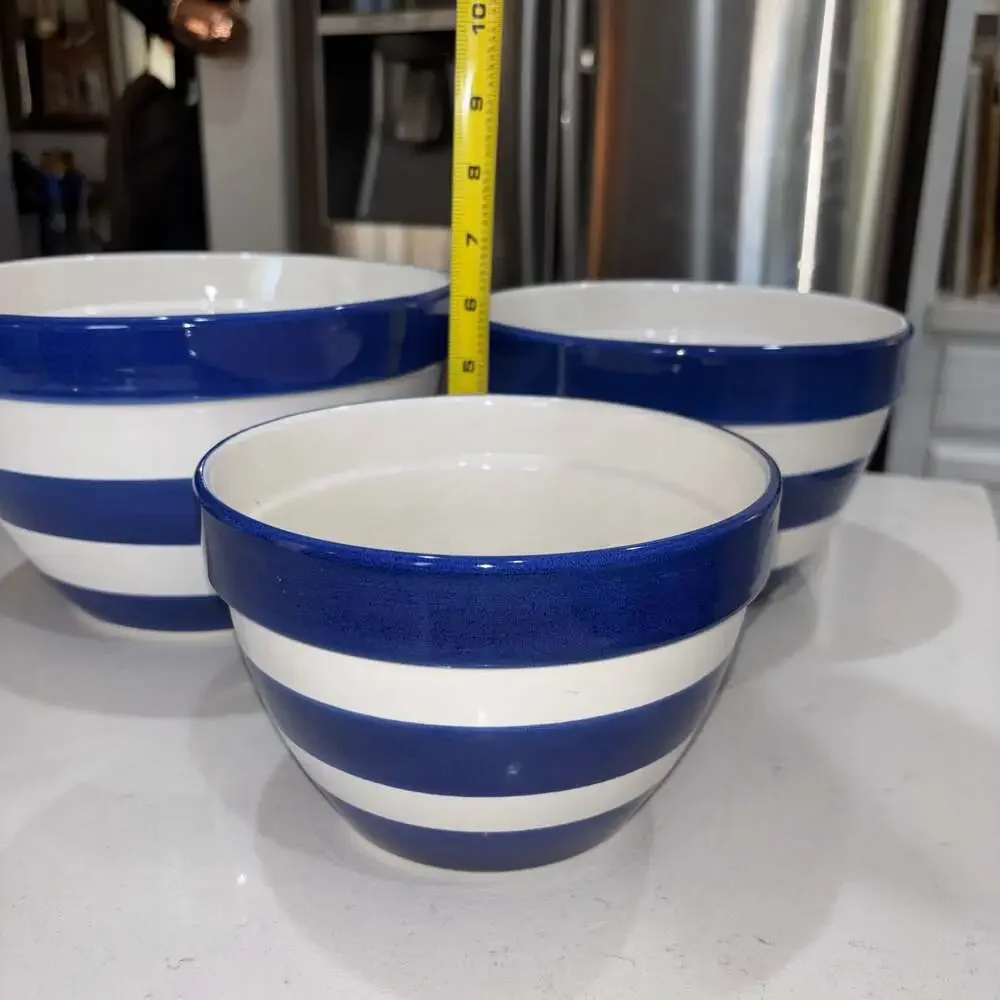 Vintage Dansk Blue and White Striped Nesting Mixing Bowl Set, 3-Piece